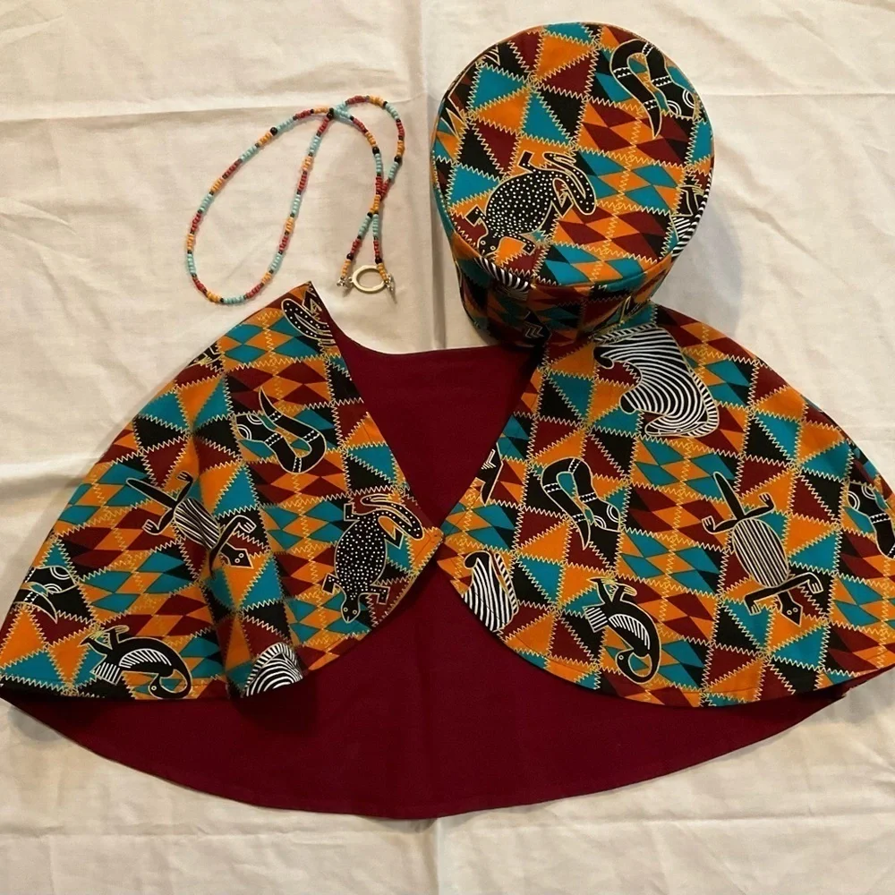 Hand Crafted Ankara African Print Capelet Sz. 16 Burgundy Turquoise Orange Lined